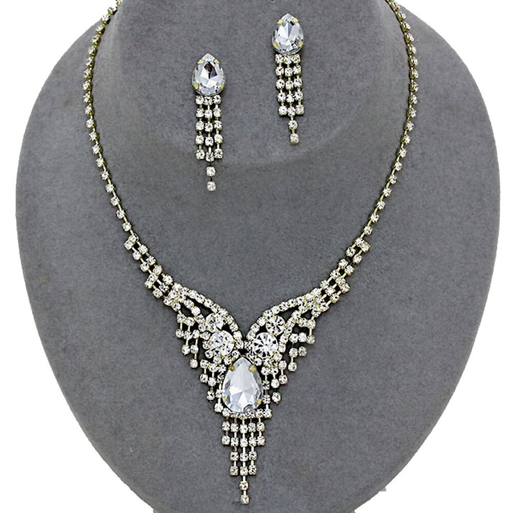 Gold Crystal Rhinestone Necklace Set Teardrop Prom Wedding Formal